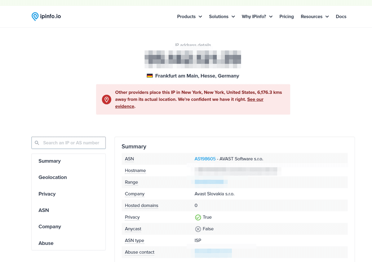 IPinfo 查询结果页面