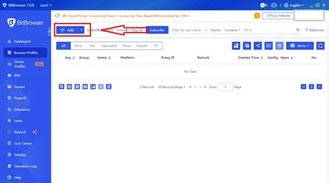 比特浏览器 Browser Profiles 独立浏览器环境管理页面