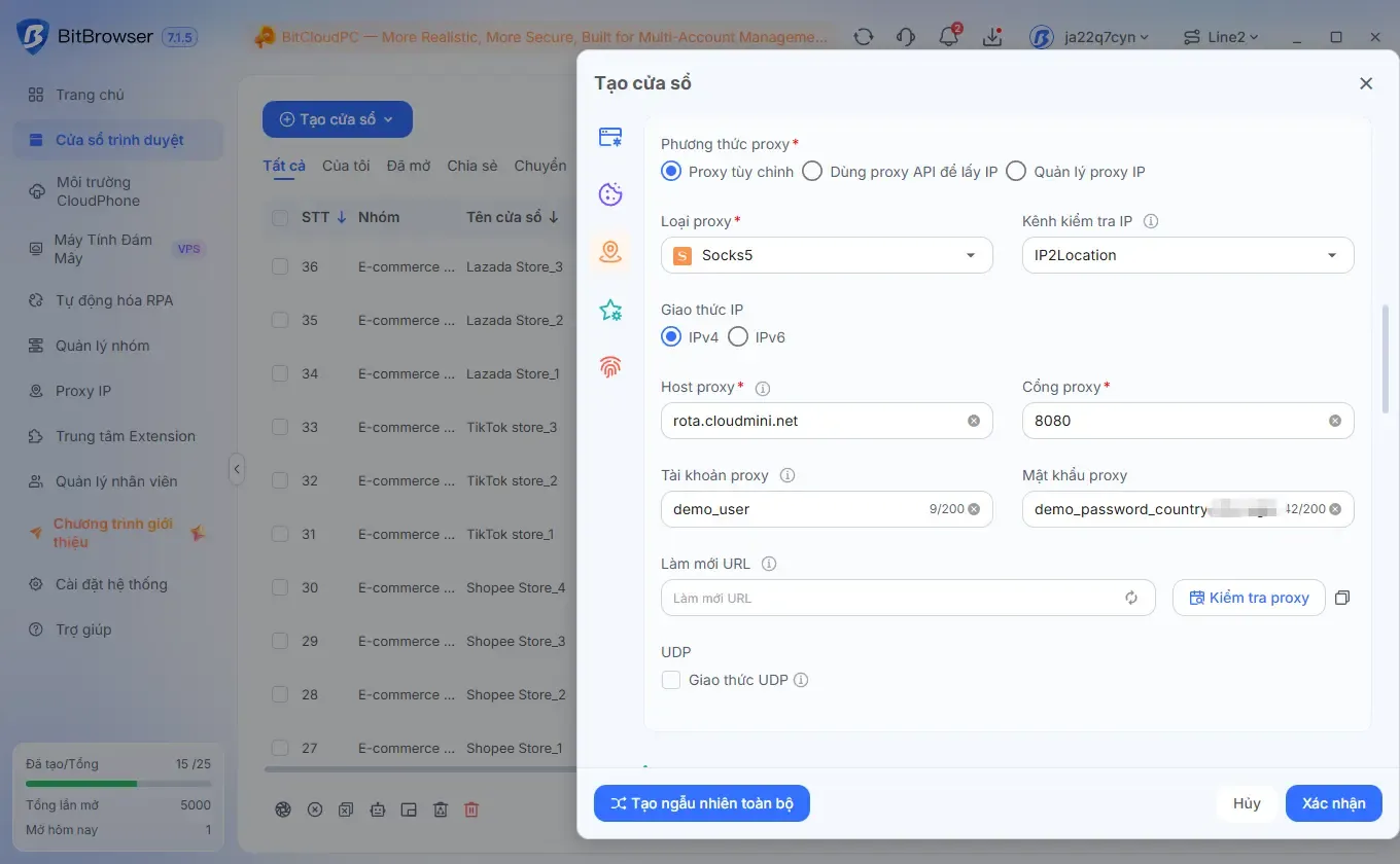 Cấu hình proxy cho trình duyệt đa tài khoản BitBrowser: chọn giao thức và nhập host, port, username, password