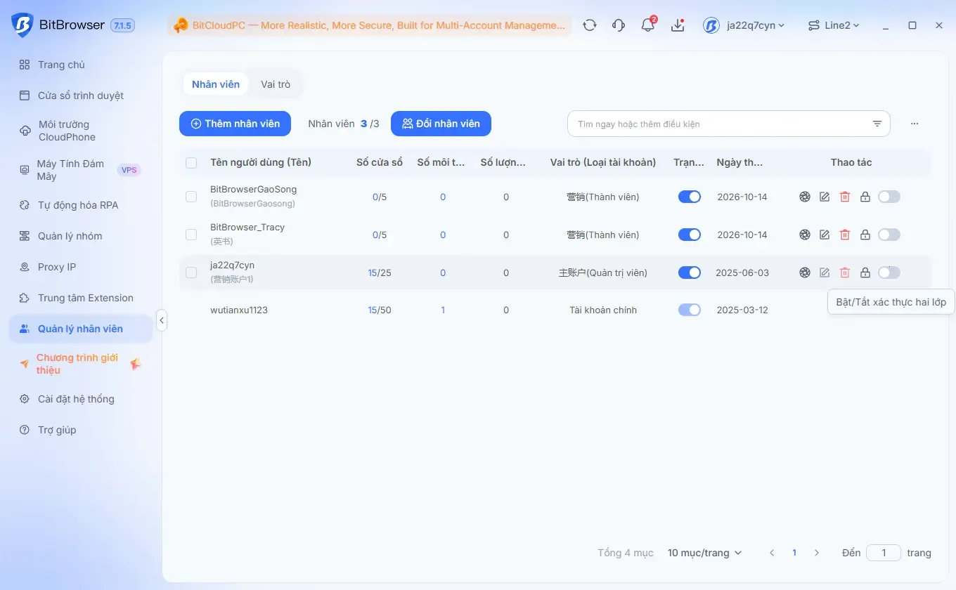 Phân quyền xem và sửa proxy theo vai trò thành viên trong BitBrowser