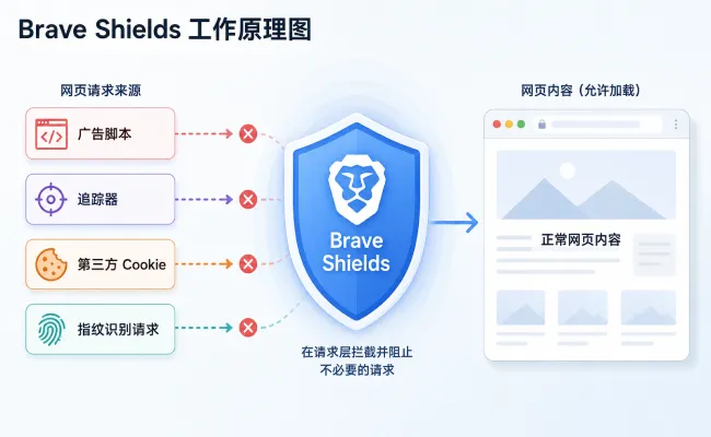 Brave Shields 拦截广告、追踪器、第三方 Cookie 和指纹识别请求的工作原理图
