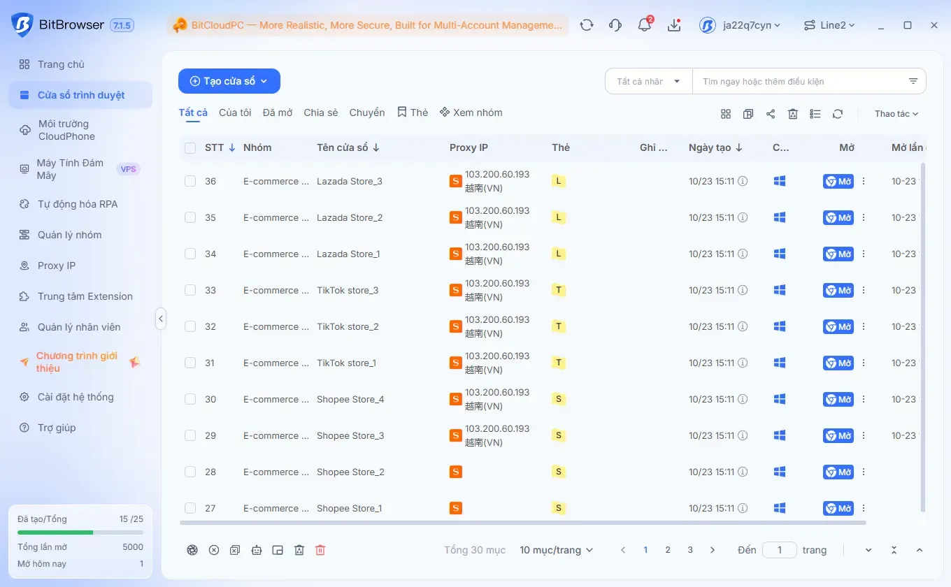 Lọc nhóm Shopee trong danh sách profile BitBrowser để rà soát từng shop