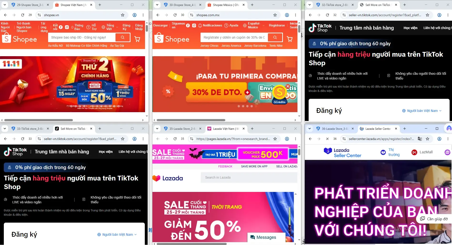 Tên shop hiển thị trên Seller Center trong profile BitBrowser trước khi thao tác