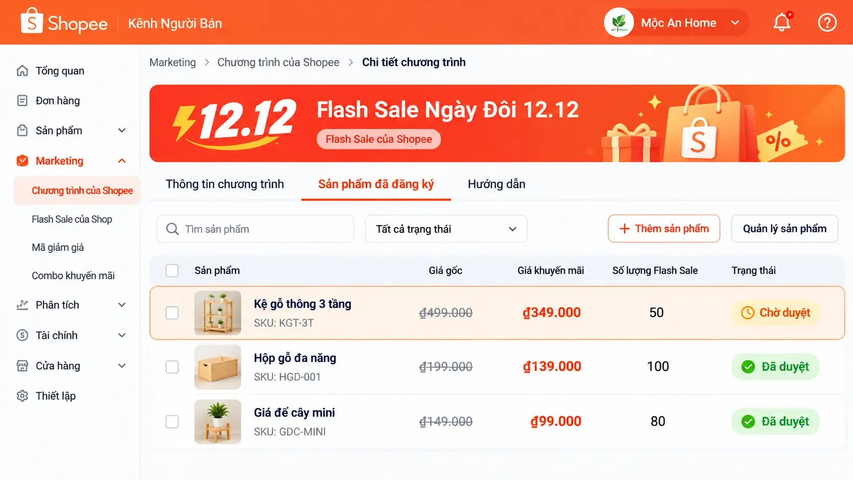 Trạng thái chờ duyệt của sản phẩm đăng ký Flash Sale trên trang quản trị người bán Shopee