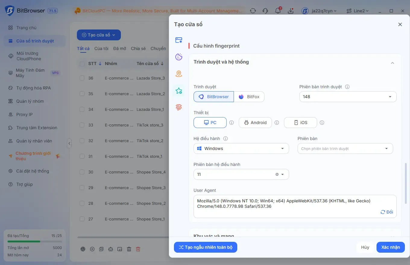 Chọn nhân Chromium hoặc Firefox khi tạo profile trong trình duyệt chống phát hiện BitBrowser