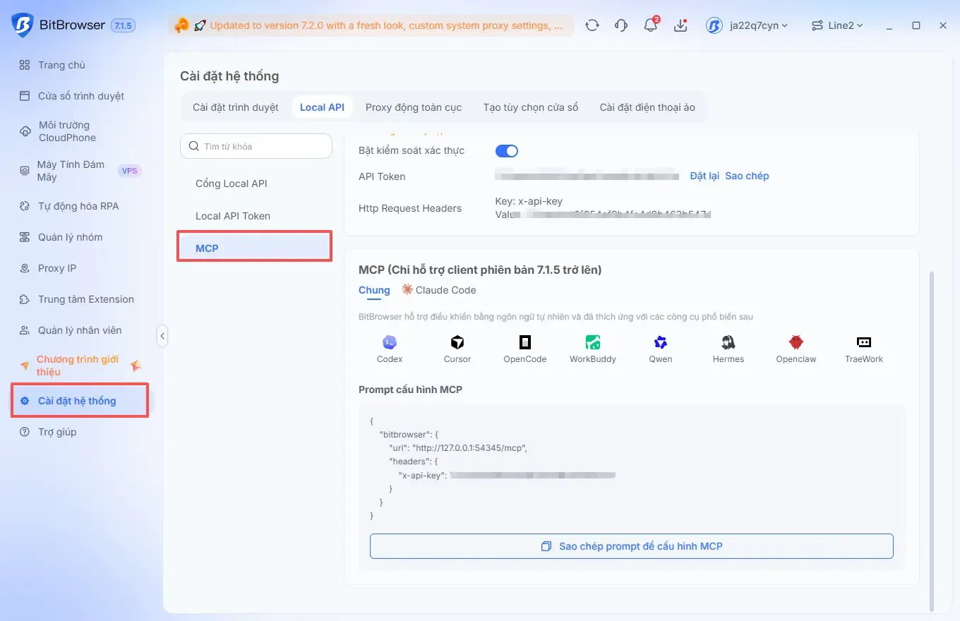 Và kết nối MCP với AI agent trong BitBrowser
