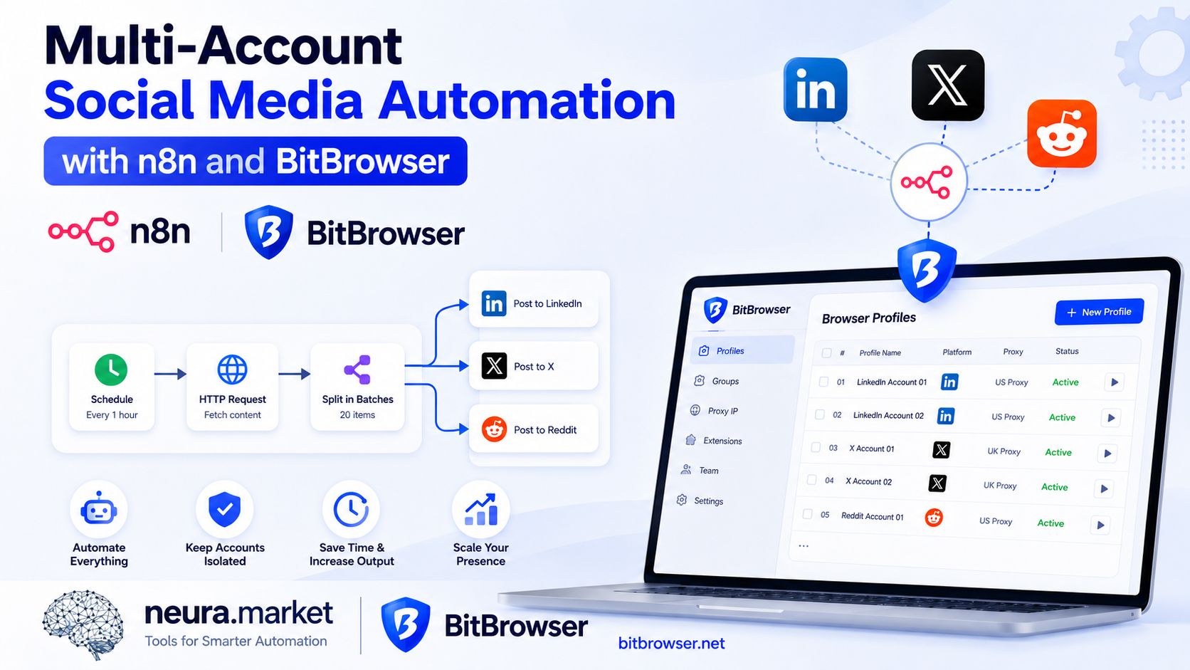 n8n and BitBrowser multi-account automation architecture