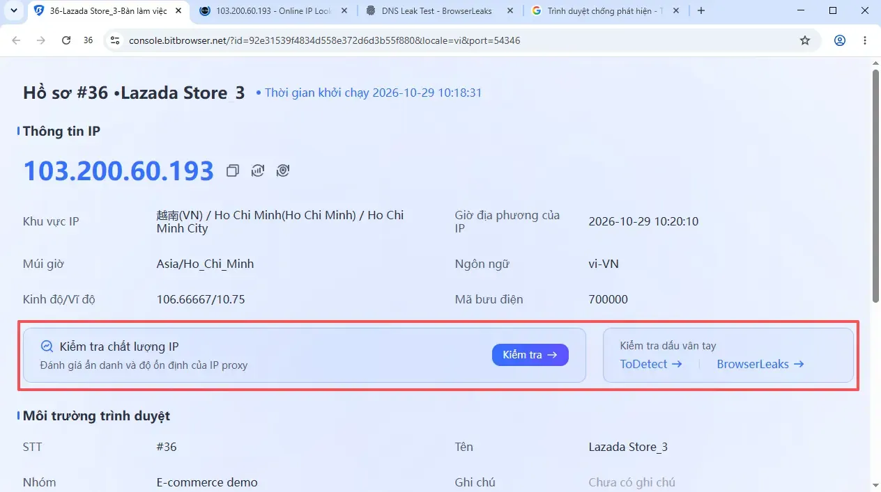 Kết quả kiểm tra WebRTC và DNS không rò rỉ IP