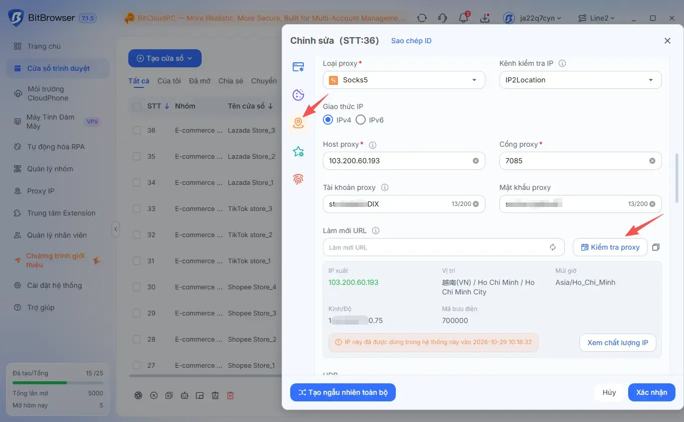 Kiểm tra kết nối proxy trong BitBrowser