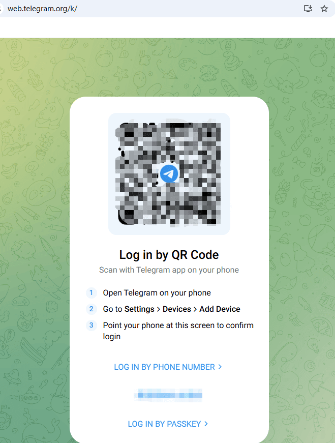 Telegram Web 官方二维码登录页面和手机号登录入口.png
