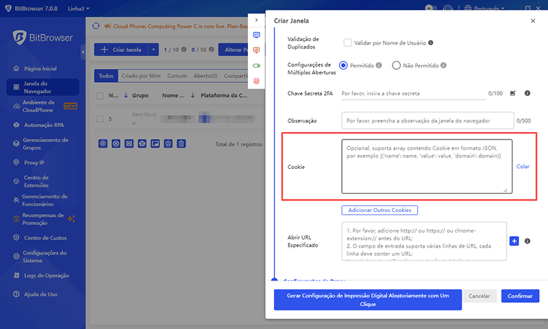 Privacidade da Conta / Login com Cookies