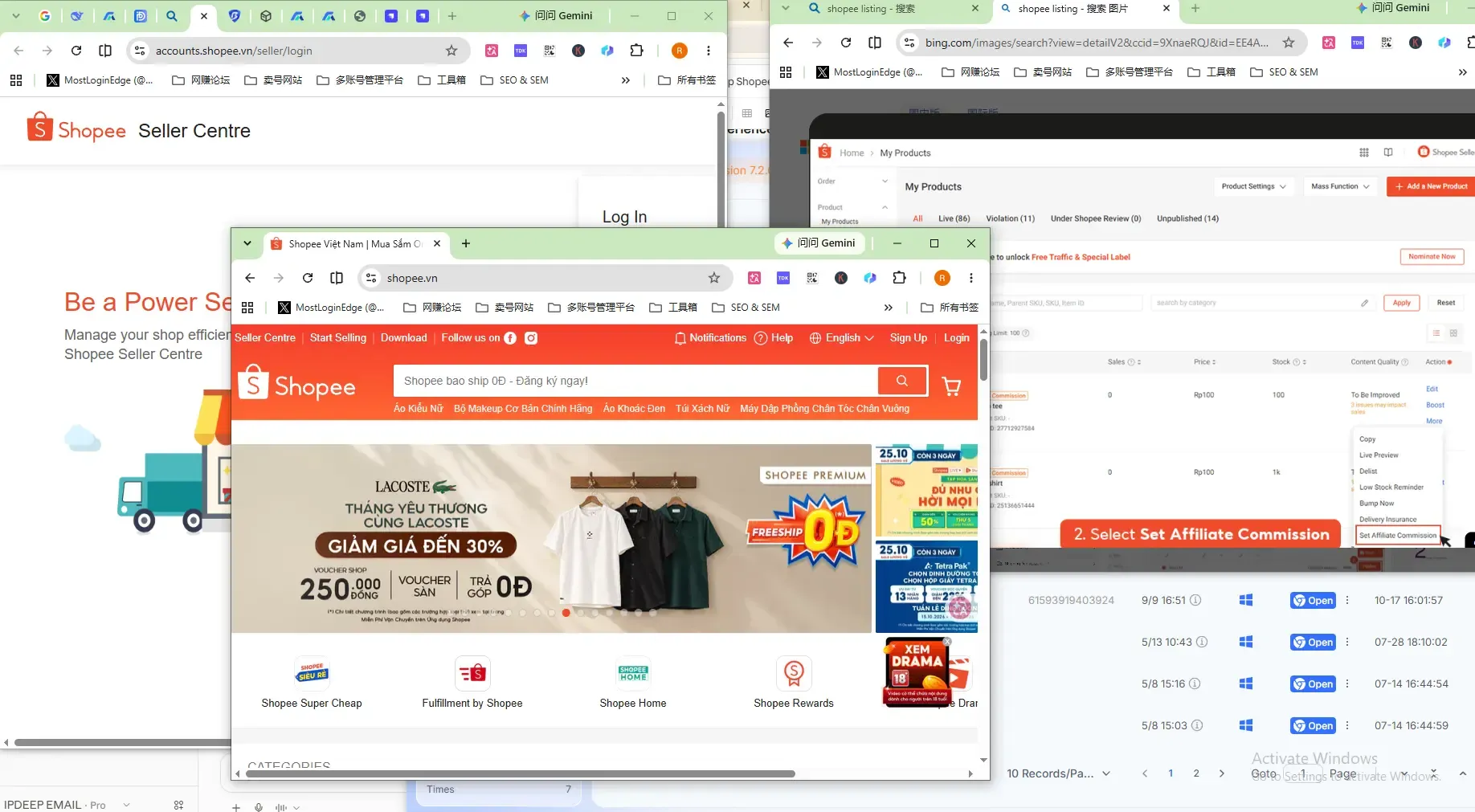 Nhiều tab Seller Center mở cùng lúc khi quản lý nhiều shop