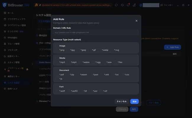 BitBrowser のプロキシバイパスと静的リソースの直接接続ルール