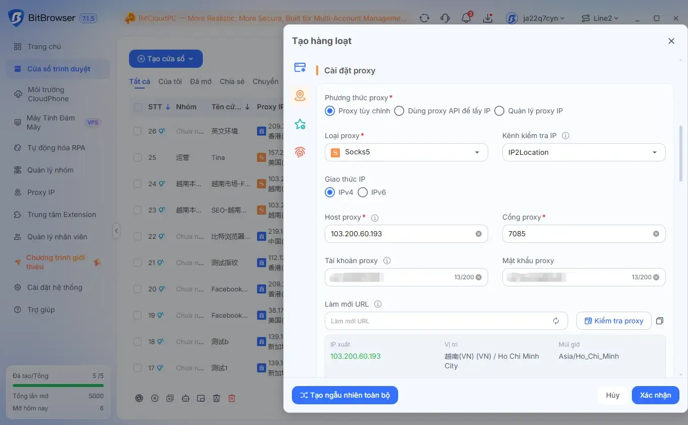 Cài đặt proxy và vân tay cho một hồ sơ BitBrowser