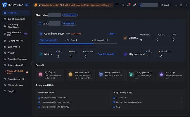 Giao diện mới của BitBrowser 7.2.0